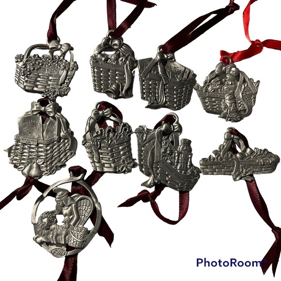 9 Longaberger Pewter Basket Ornament Tie On Vintage Christmas Holiday - Picture 1 of 11